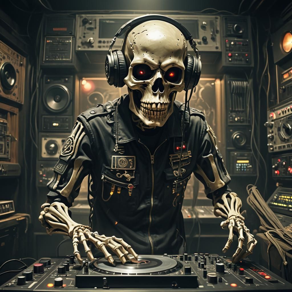 Skeleton DJ Mixing Music in Underground Booth