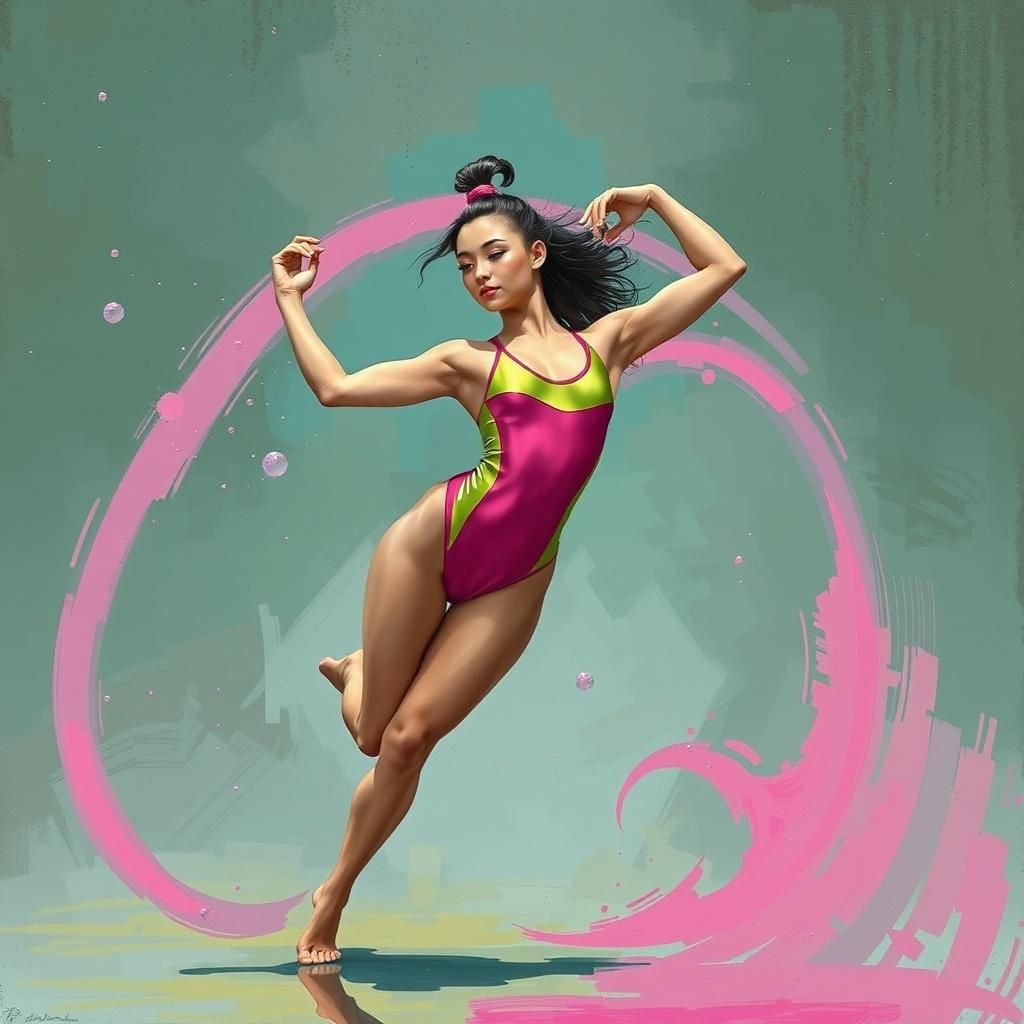 Bikini Gymnast Dancing Mid-Air in Cyberpunk Style