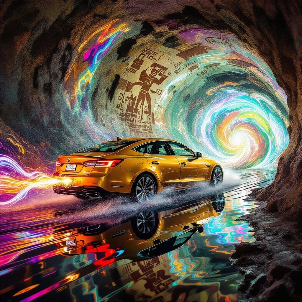Car Speeding Through Psychedelic Fresco Mural