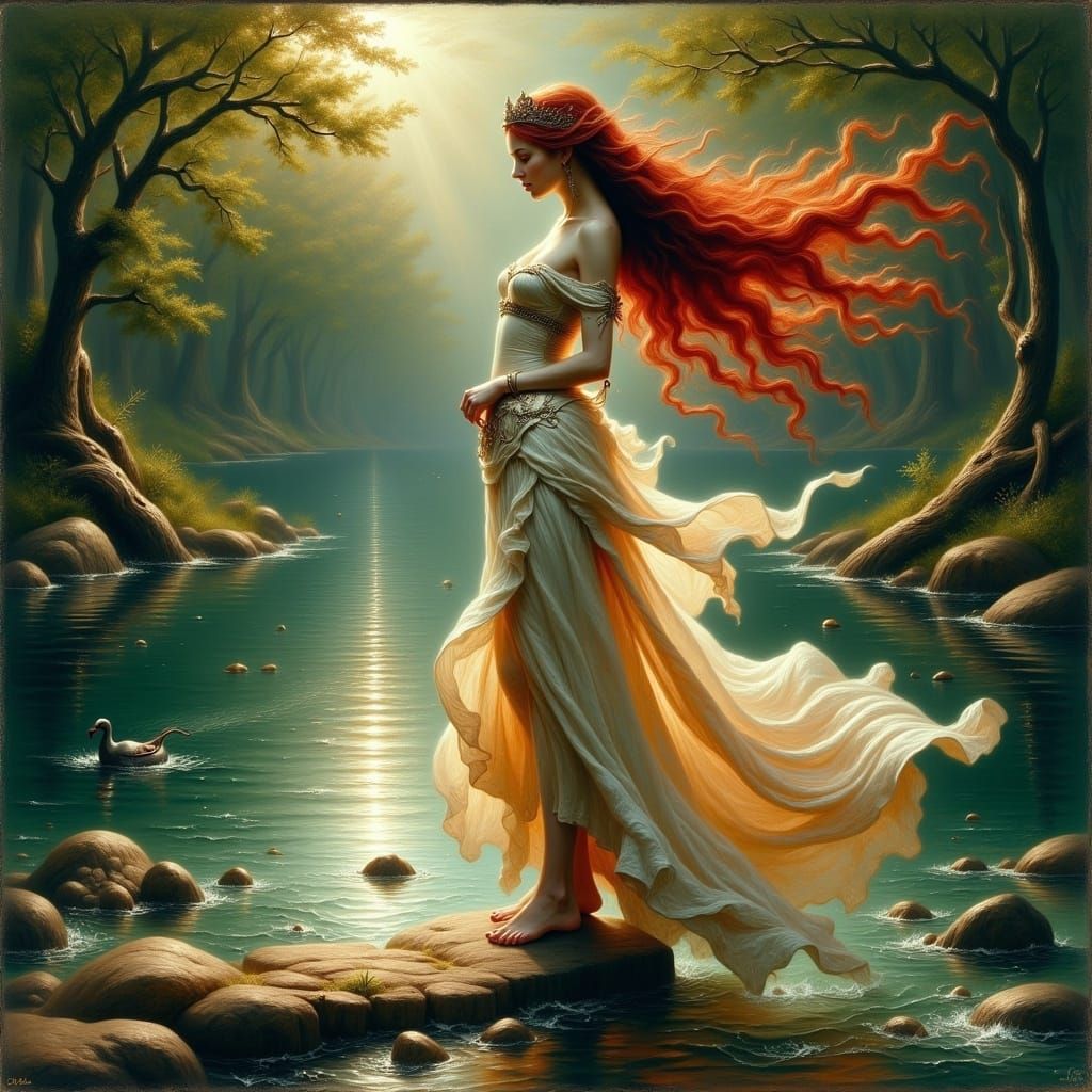 Maiden with Red Hair by River, Romantic Painting