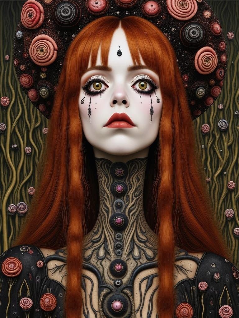 Gothic Woman with Red Hair in Surreal Floral Style