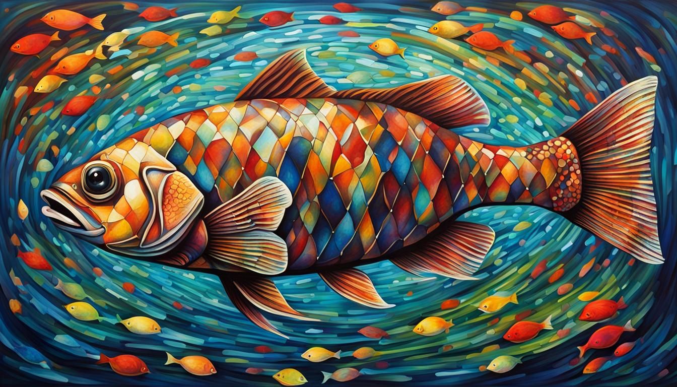 Plaid Fish Swimming in Abstract Ocean