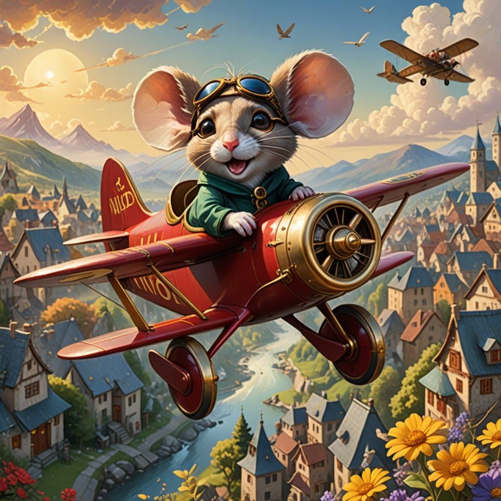 Vintage Aviator Mouse Soars Above a Whimsical Village