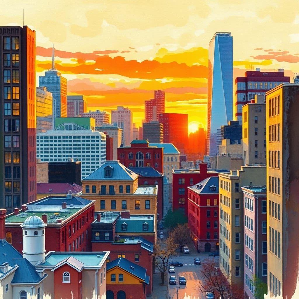 Boston Sunset Cityscape in Impressionist Style