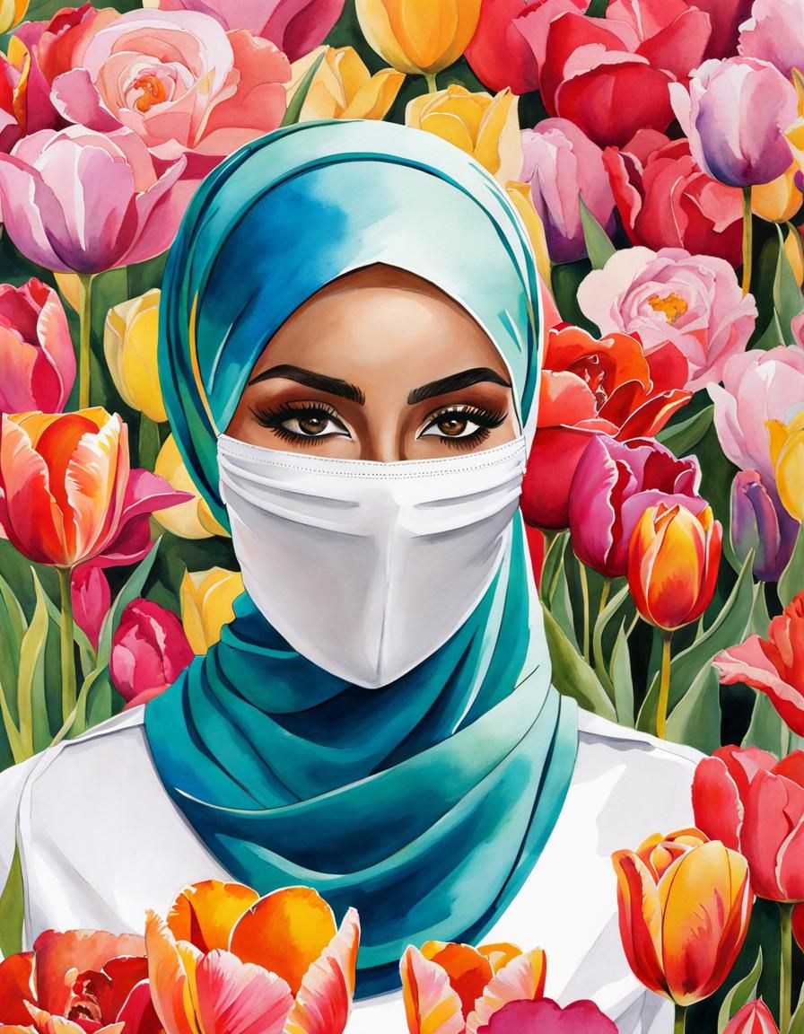 Beautiful Hijabi Woman in Tulip Garden Watercolor