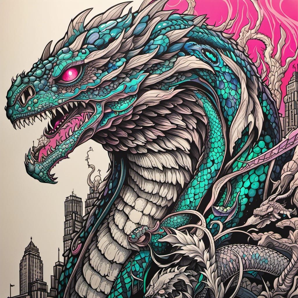 Aetherpunk Kaiju: Massive Neon Serpent in Ink