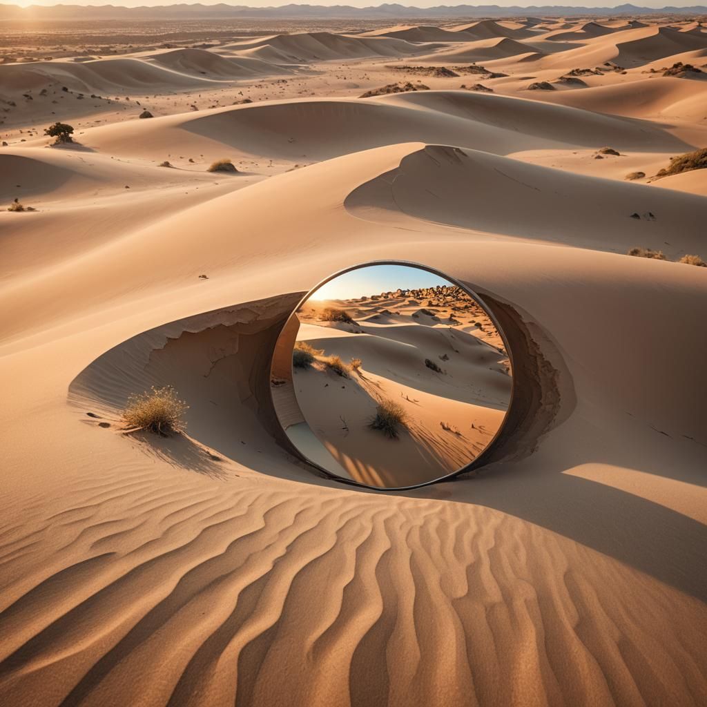 Panoramic Mirror Reflects Distant Tree in Desert