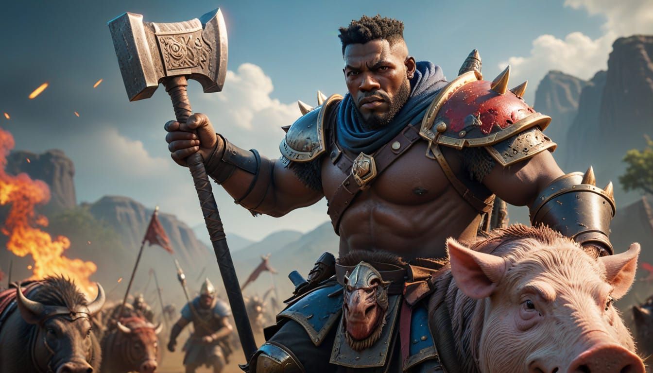 Hyperrealistic Hog Rider in Epic Battle Scene