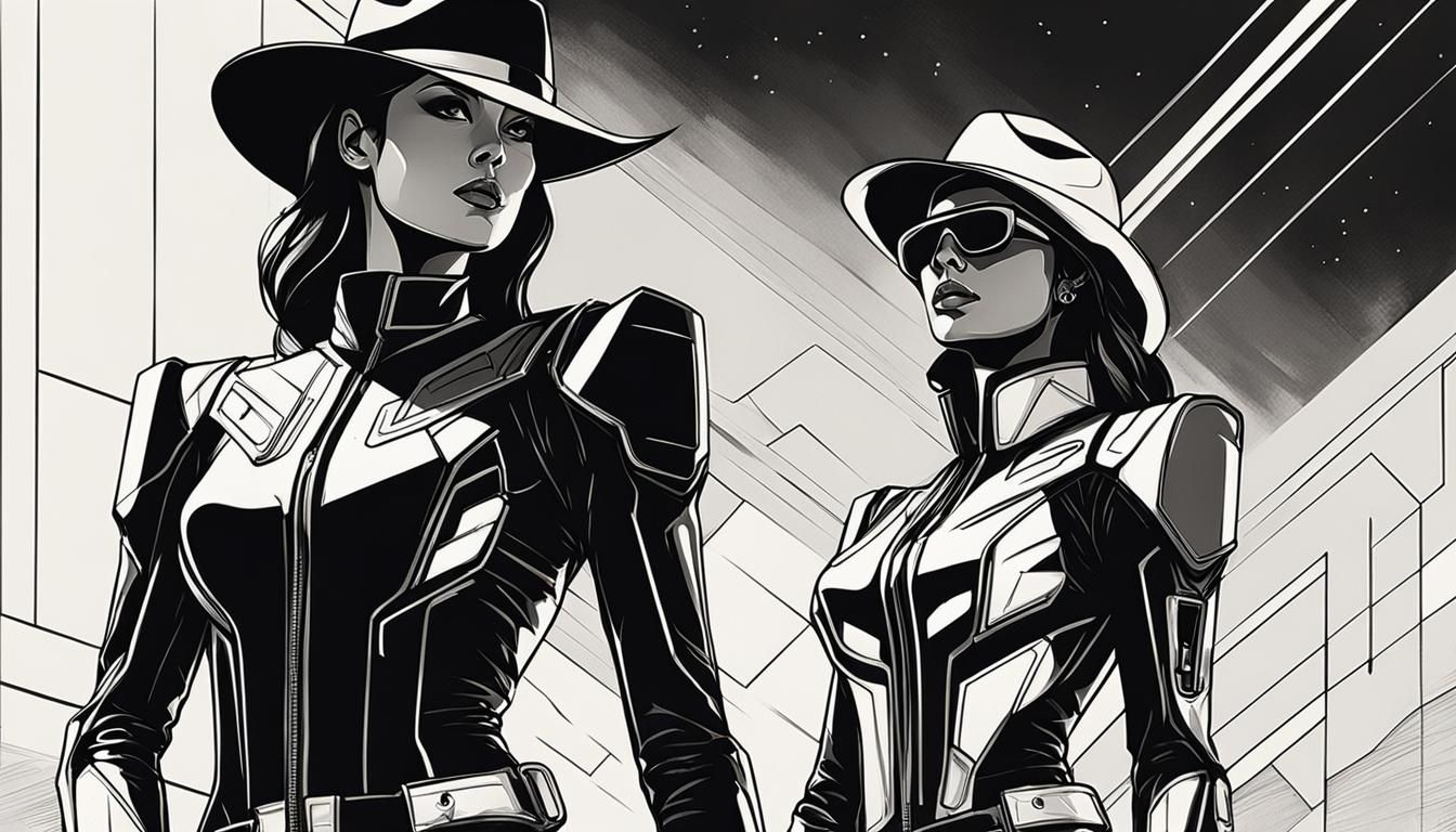 Retro Sci-Fi Cowgirl and Cyborg: Minimalist Illustration