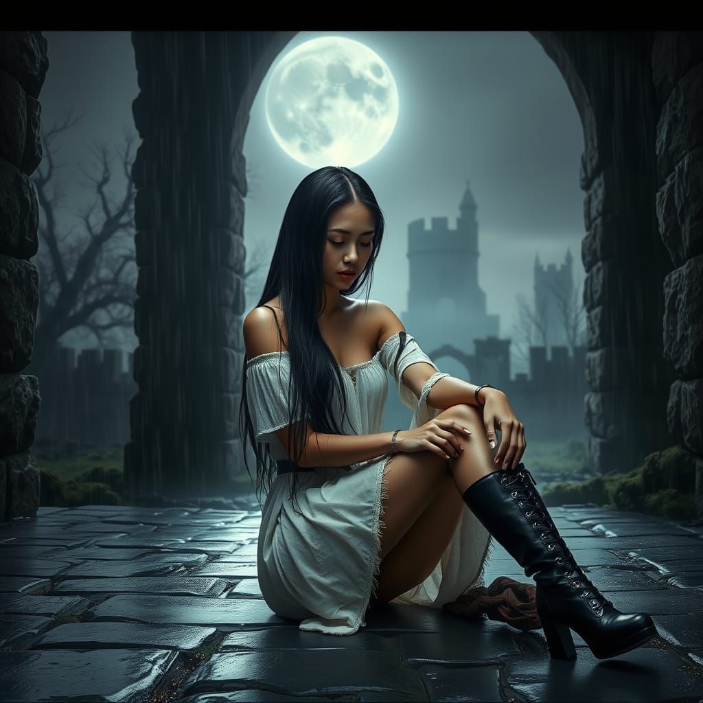 Gothic Fantasy Scene with a Young Woman in Ruins