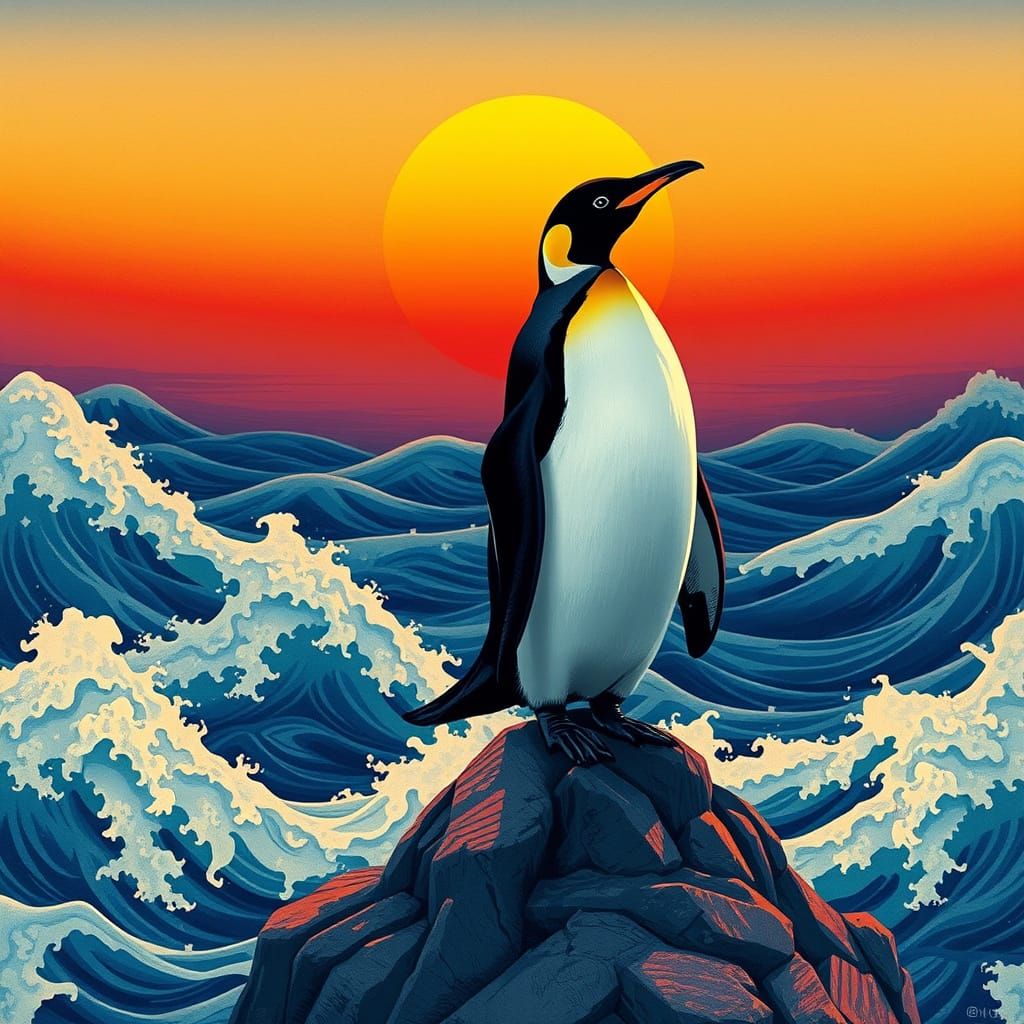 Regal Penguin Amidst Vibrant Sunset Waves in Traditional Jap...