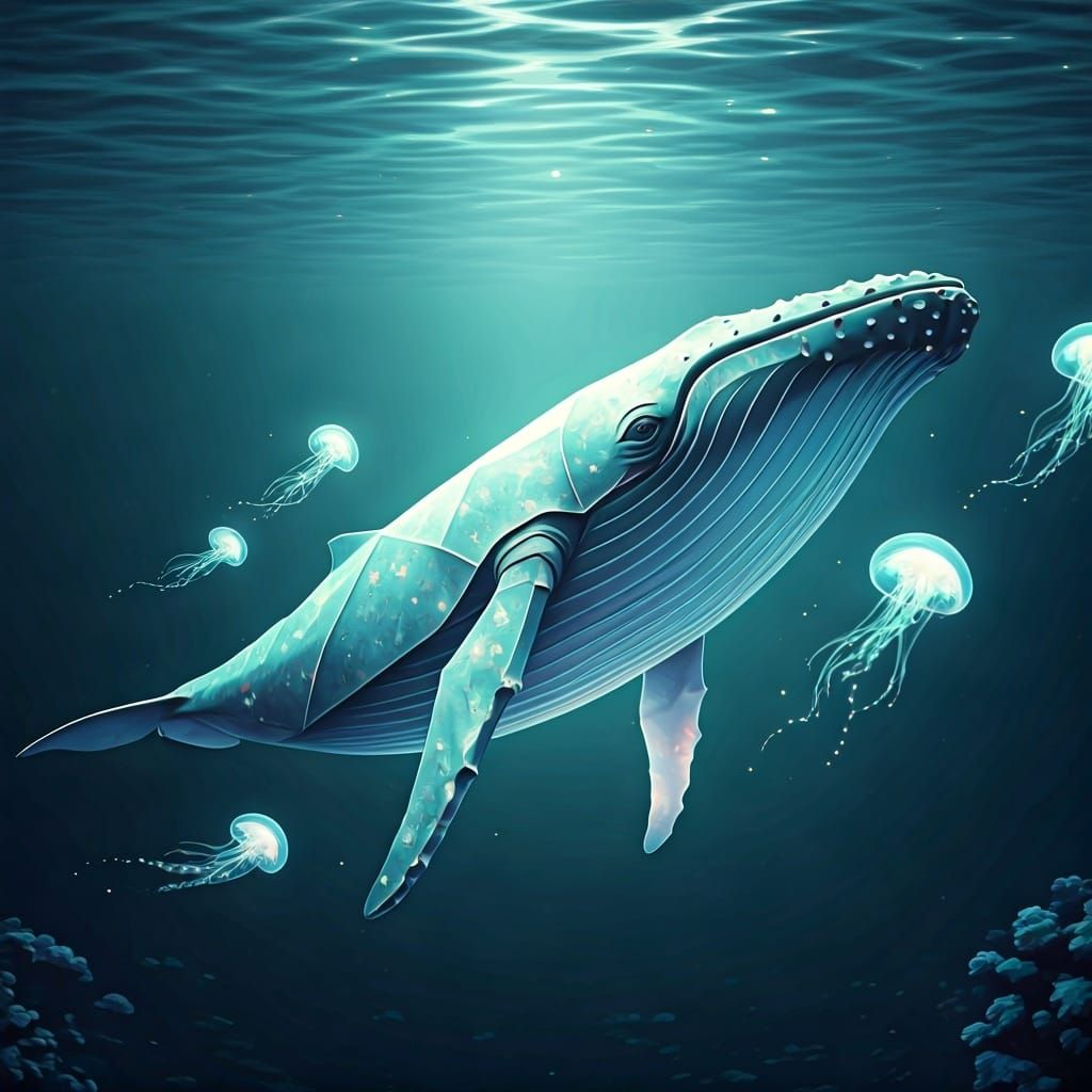 Translucent Origami Whale in Deep Blue Ocean