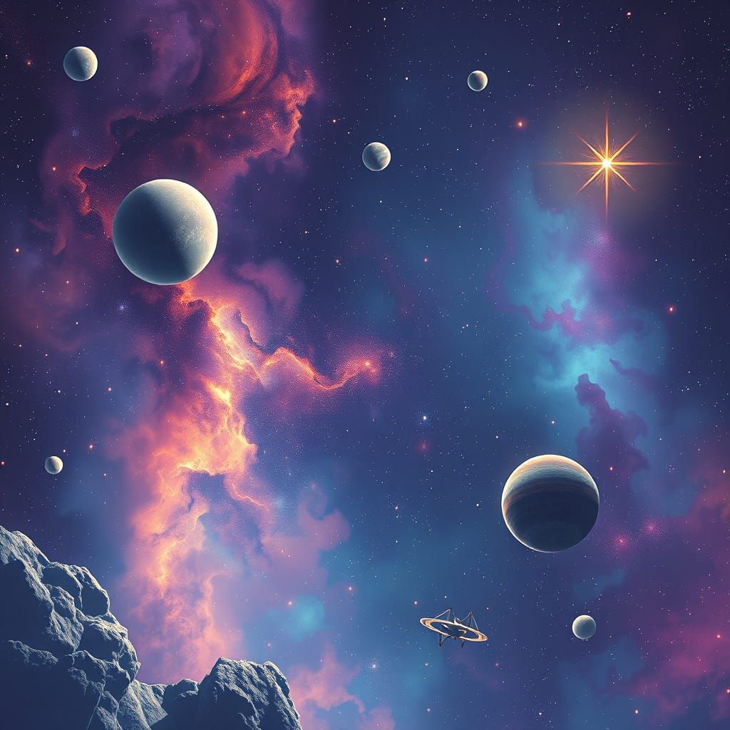 Vibrant Space Scene with Planets and Galaxies