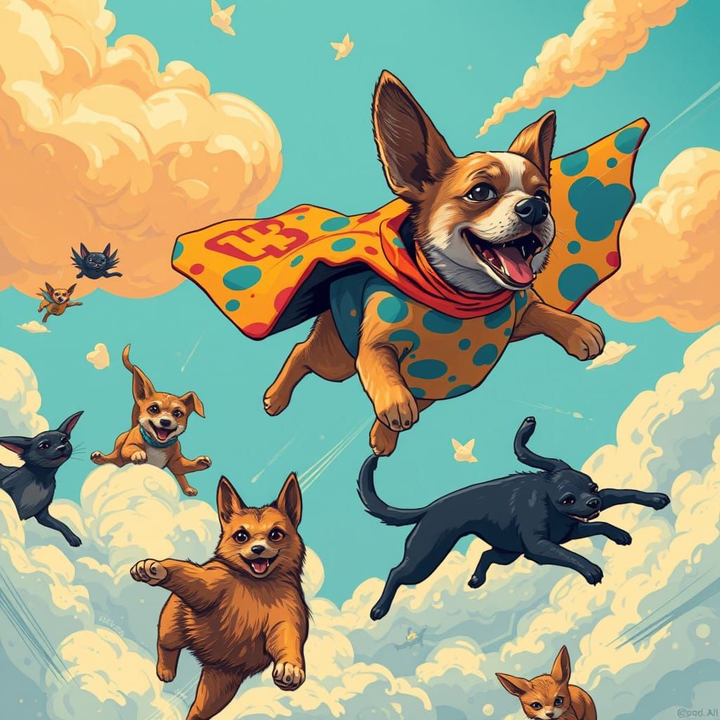 Vibrant Flying Dog in Whimsical Pop Art Battle Scene