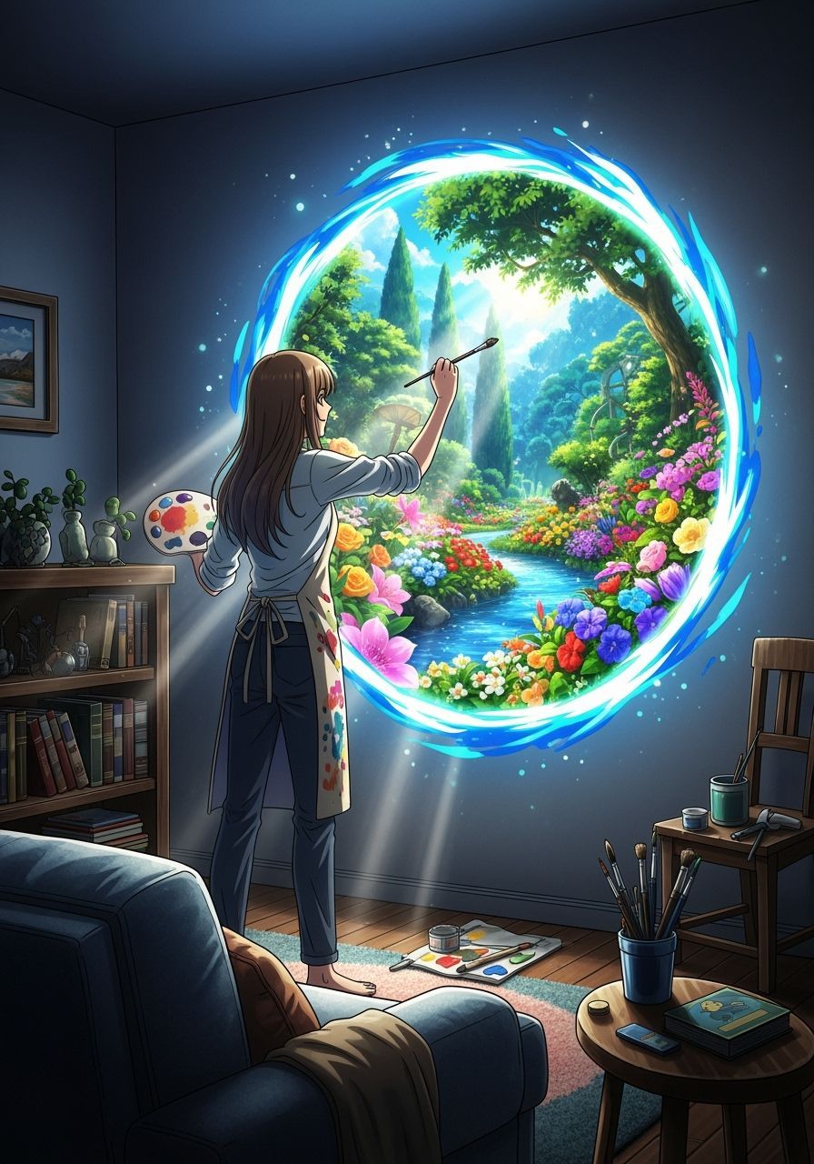 Anime Woman Paints Magical Garden Portal