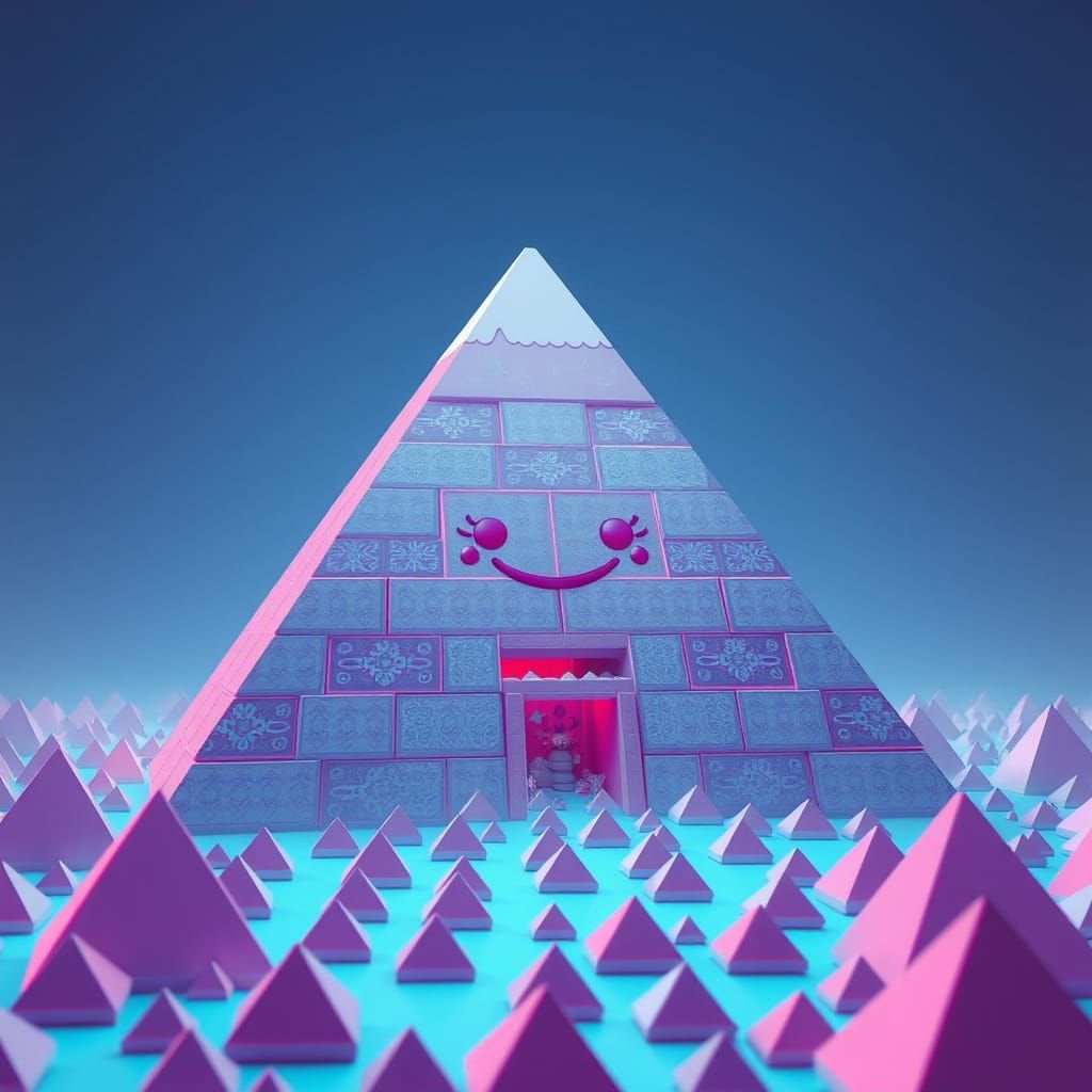 Colossal Smiling Pyramid Spewing Replicas in CGI Style