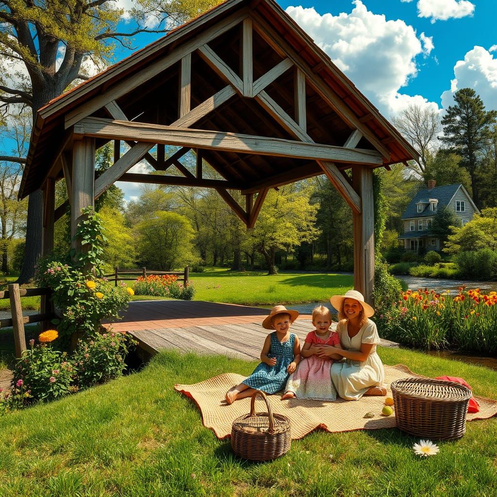 Idyllic Countryside Covered Bridge in Art Nouveau Style