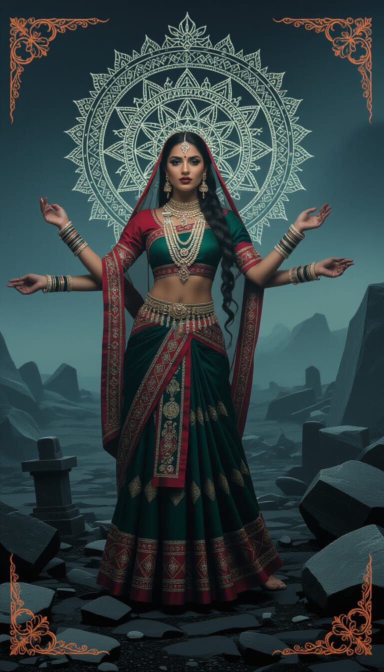 Hindi Woman in Folk Costume in Surreal Landscape