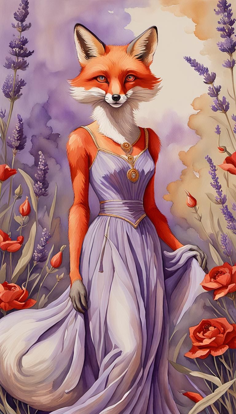 Fox in Lavender Dress: Gouache Watercolor Impression