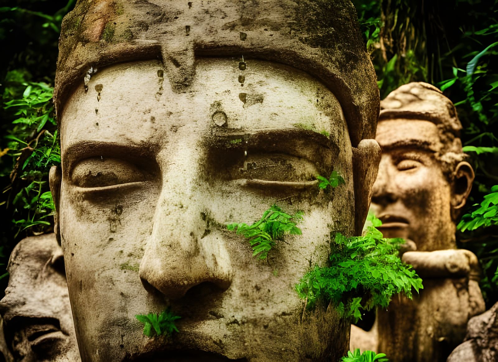 Ancient Statues in Rainforest, Vintage Photography Style