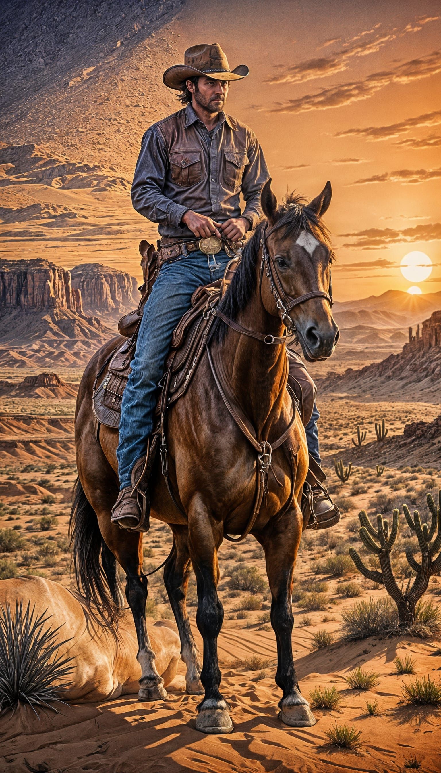 Cowboy on Horseback in Desert, Pencil Art