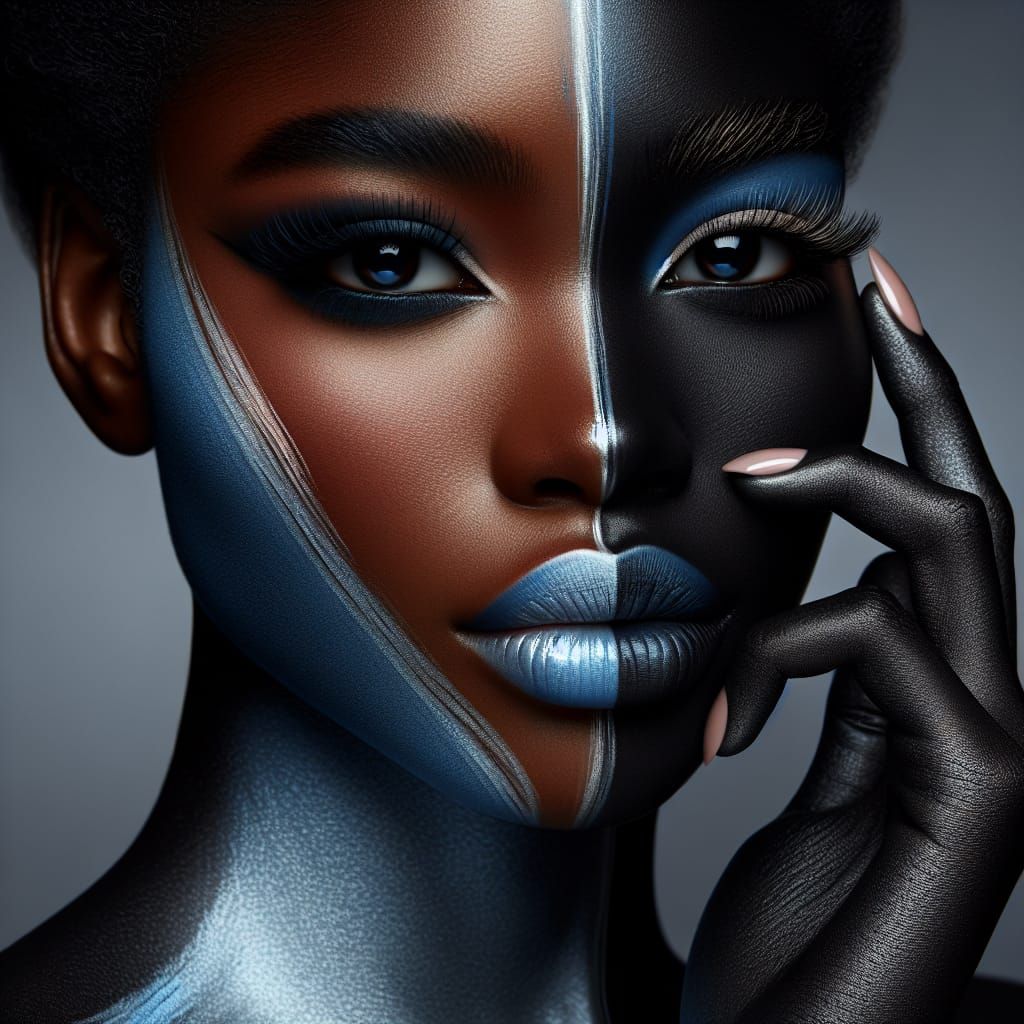 Cosmetic Art: Woman in Split Blue Hues