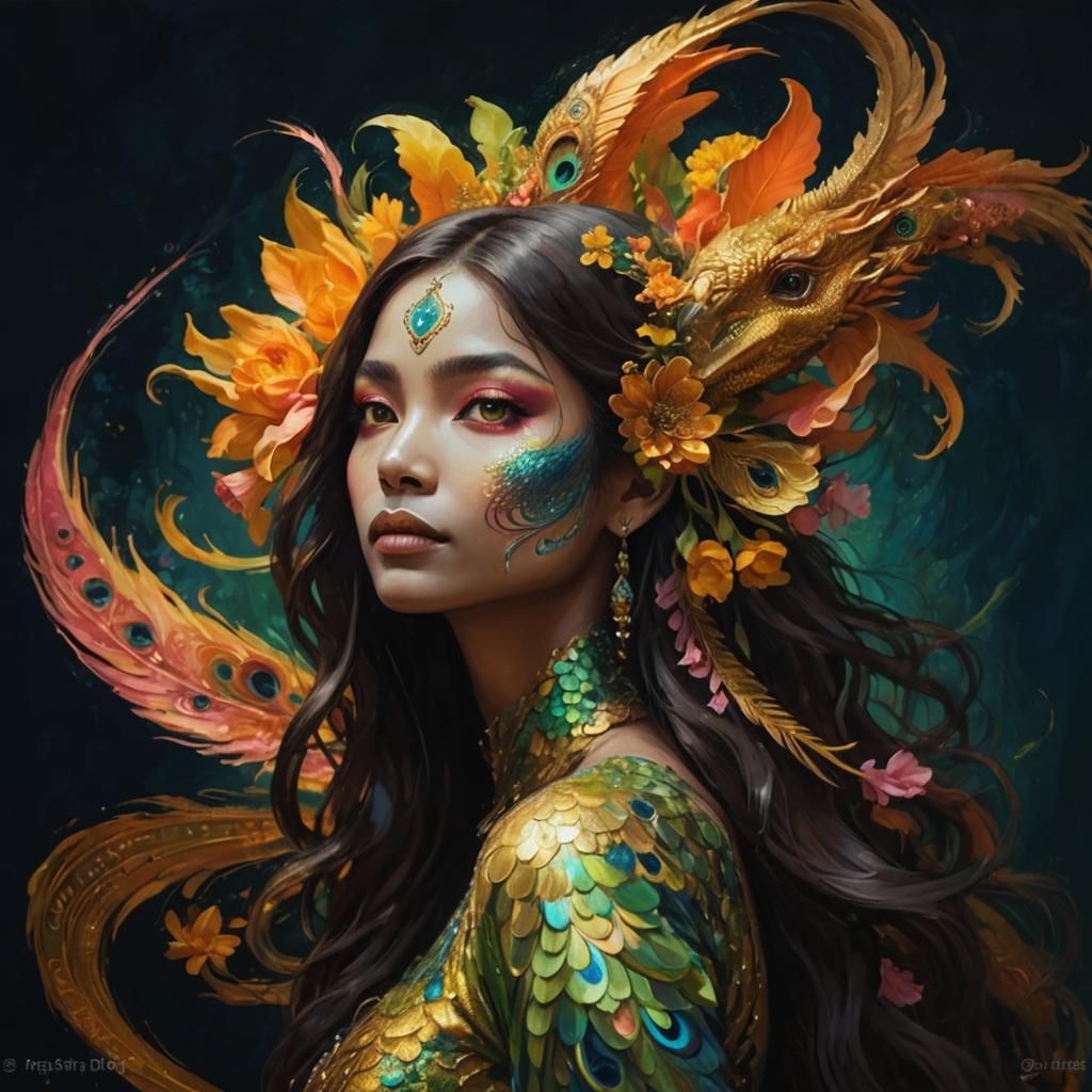 Dragon Peacock Woman in Abstract Expressionism Style
