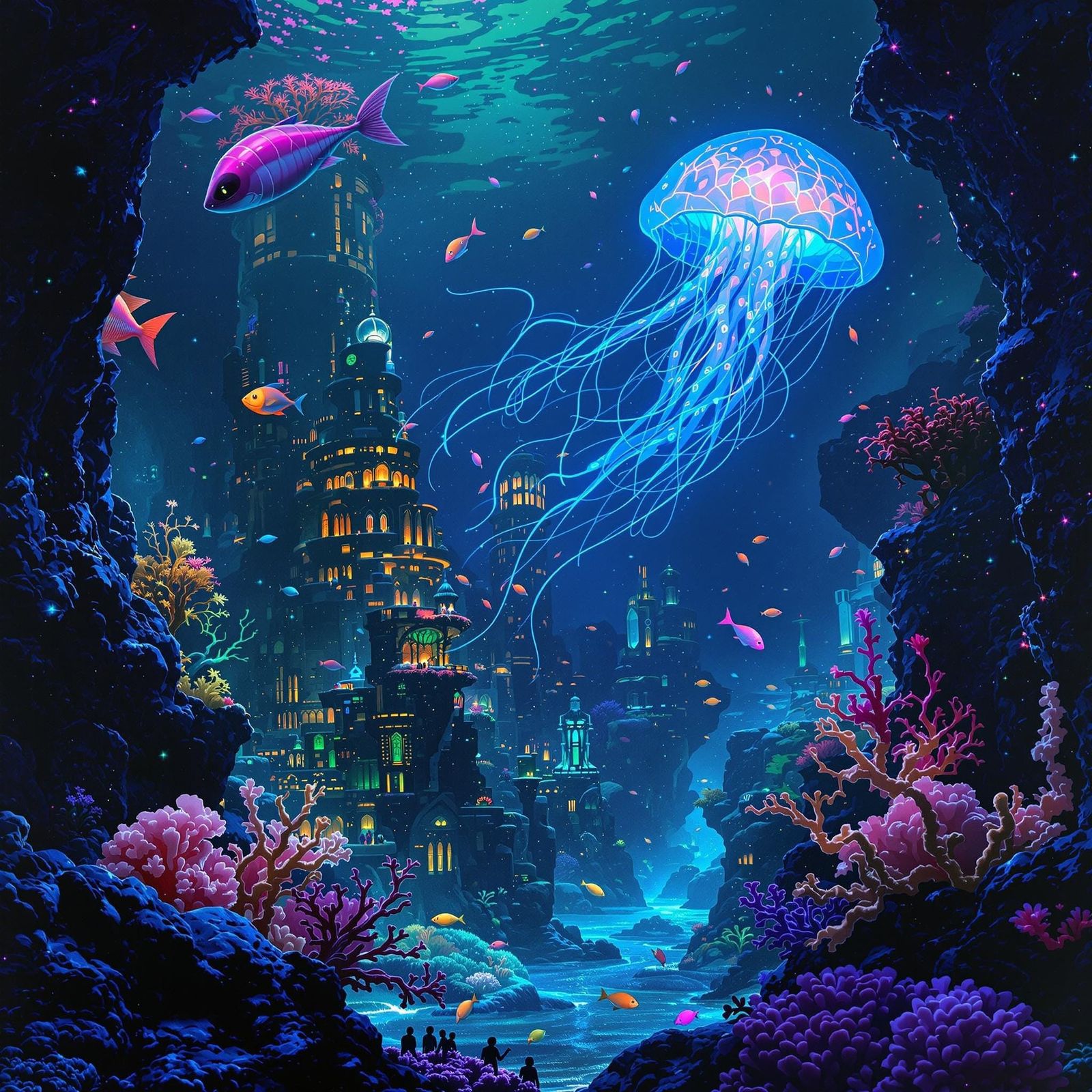 Bioluminescent Jellyfish Illuminates Alien Metropolis