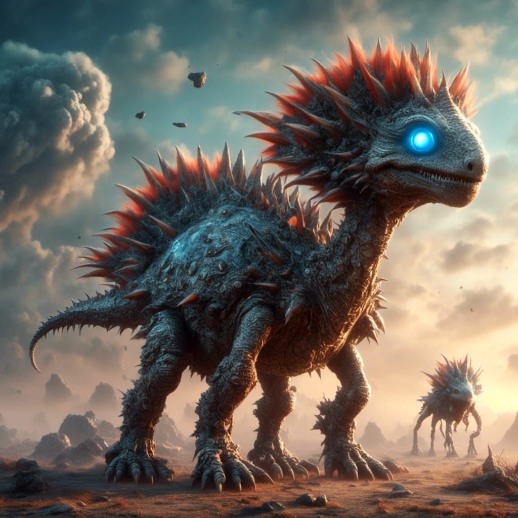 Cute Furry Prehistoric Alien with Silver Spaceship