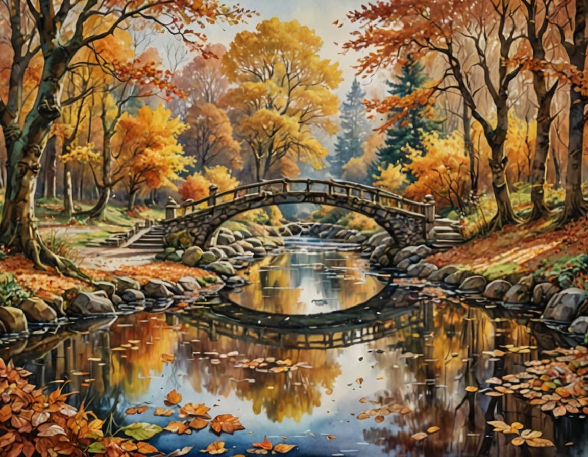 Autumnal Landscape with Bridge in Watercolor Style