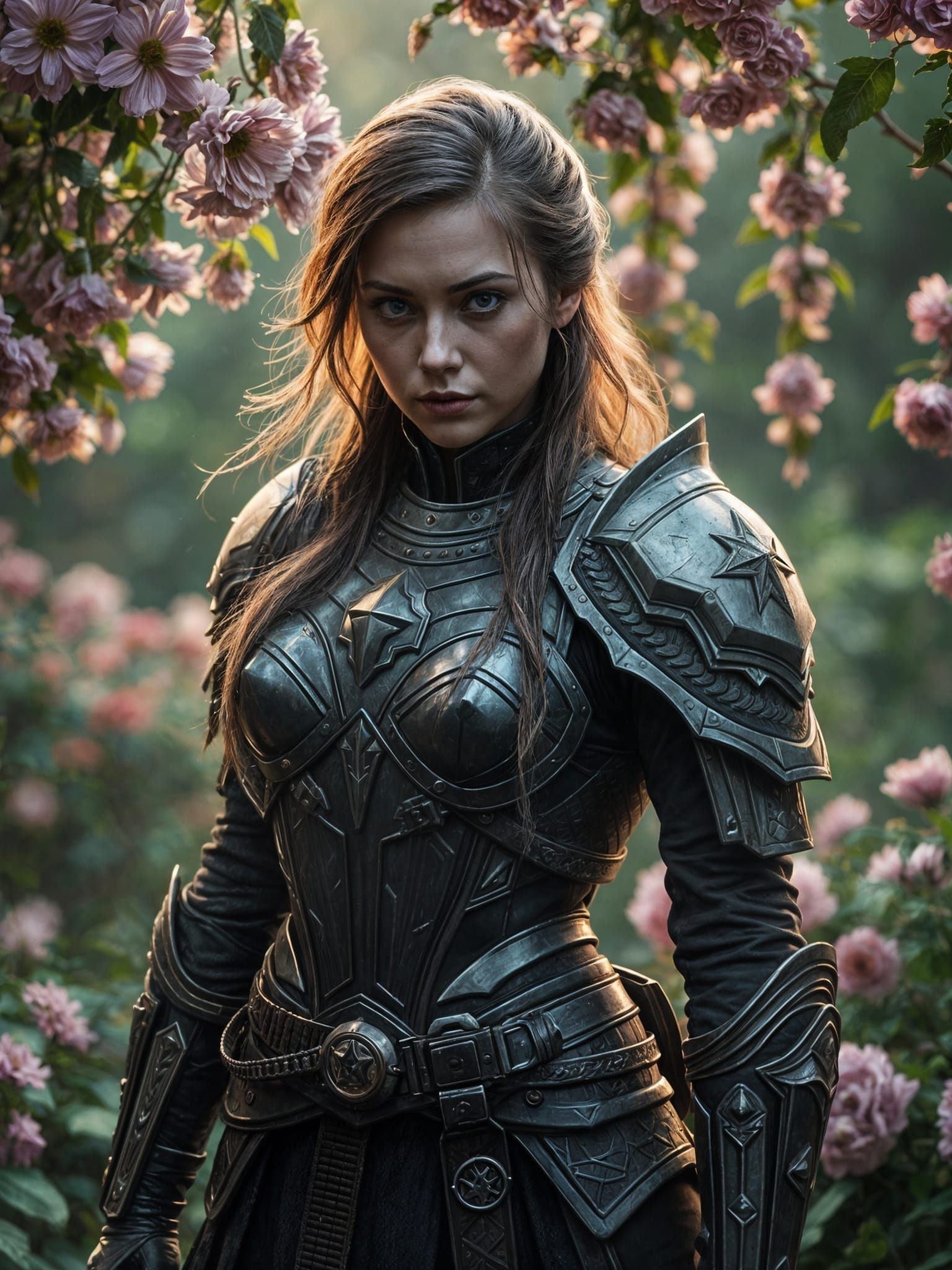 Armored Lady in Romantic Garden: Fantasy Digital Painting