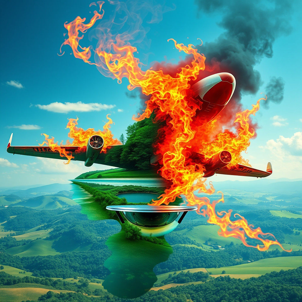 Airplane Engulfed in Flames Merges with Emerald Landscape