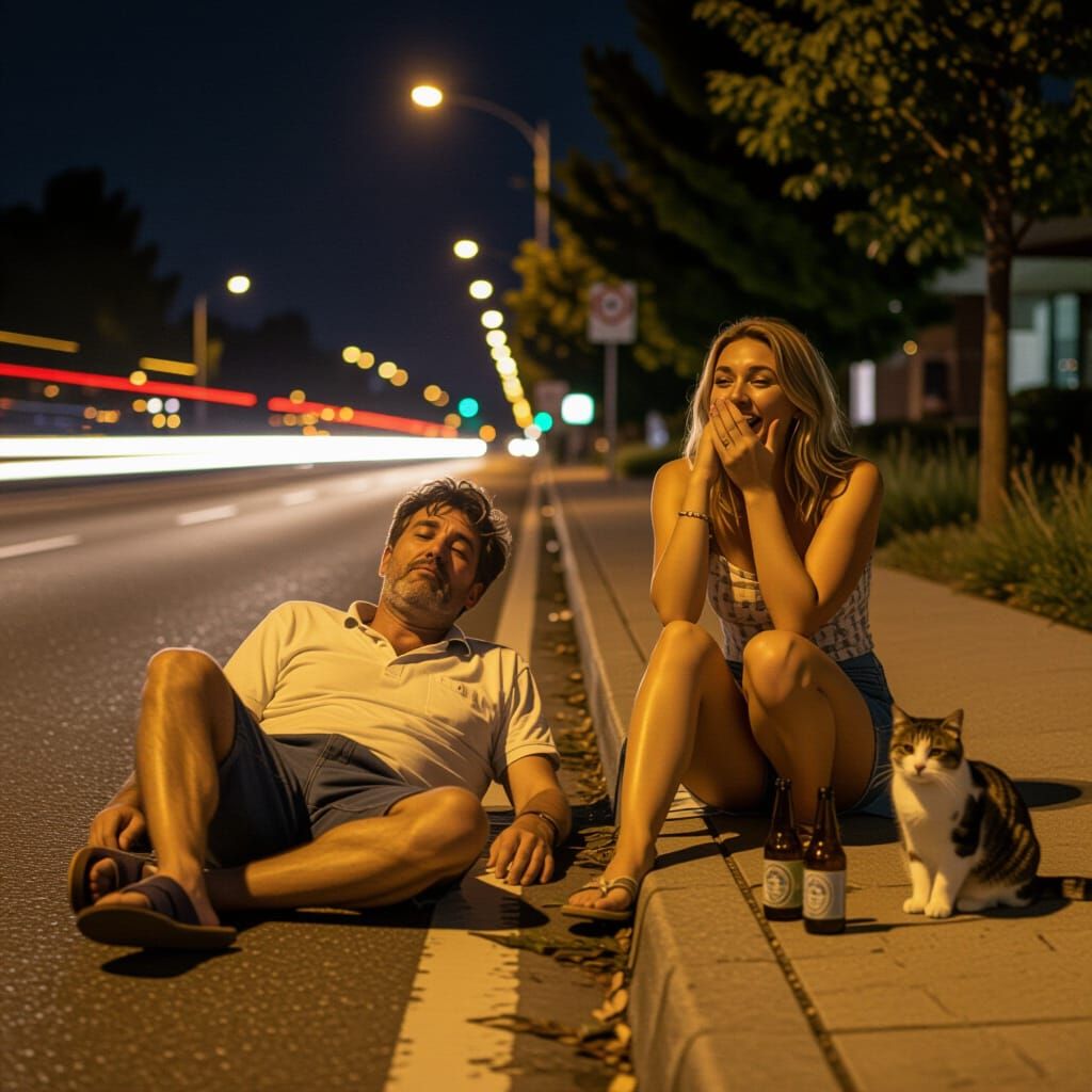 Woman Takes Selfie with Cat, Sleeping Man on Sidewalk