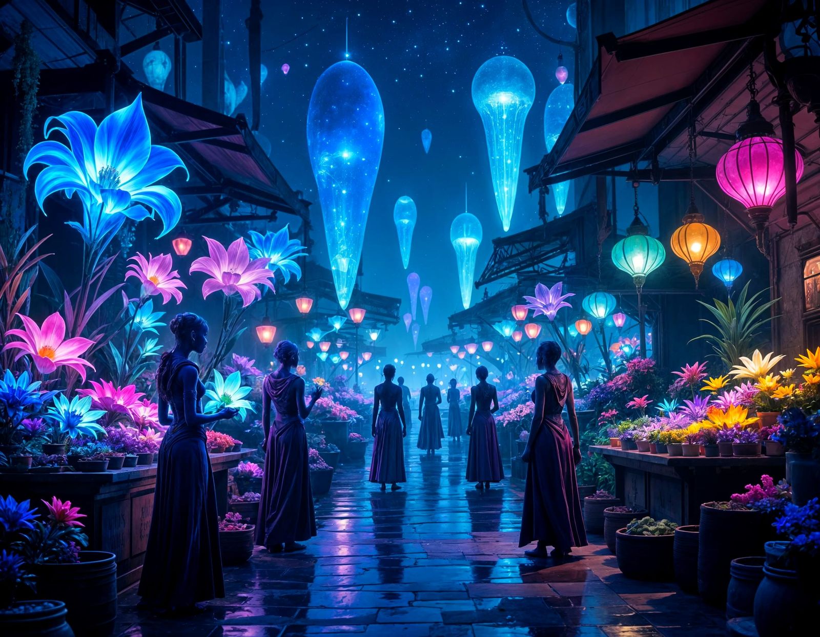 Pandora Market: Sci-Fi Bioluminescent Flower Scene