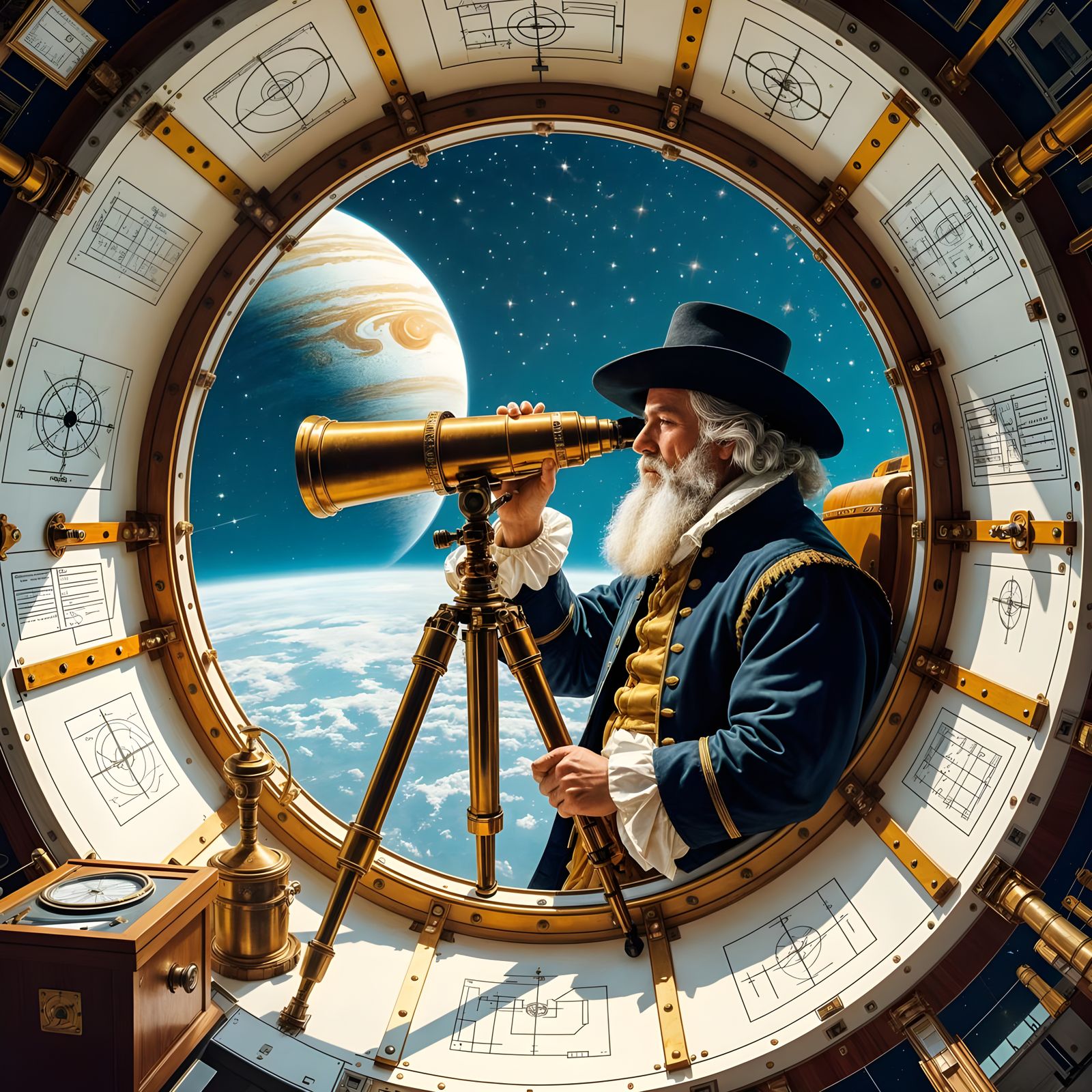 Galileo Galilei Observes Distant Planet in Rocket