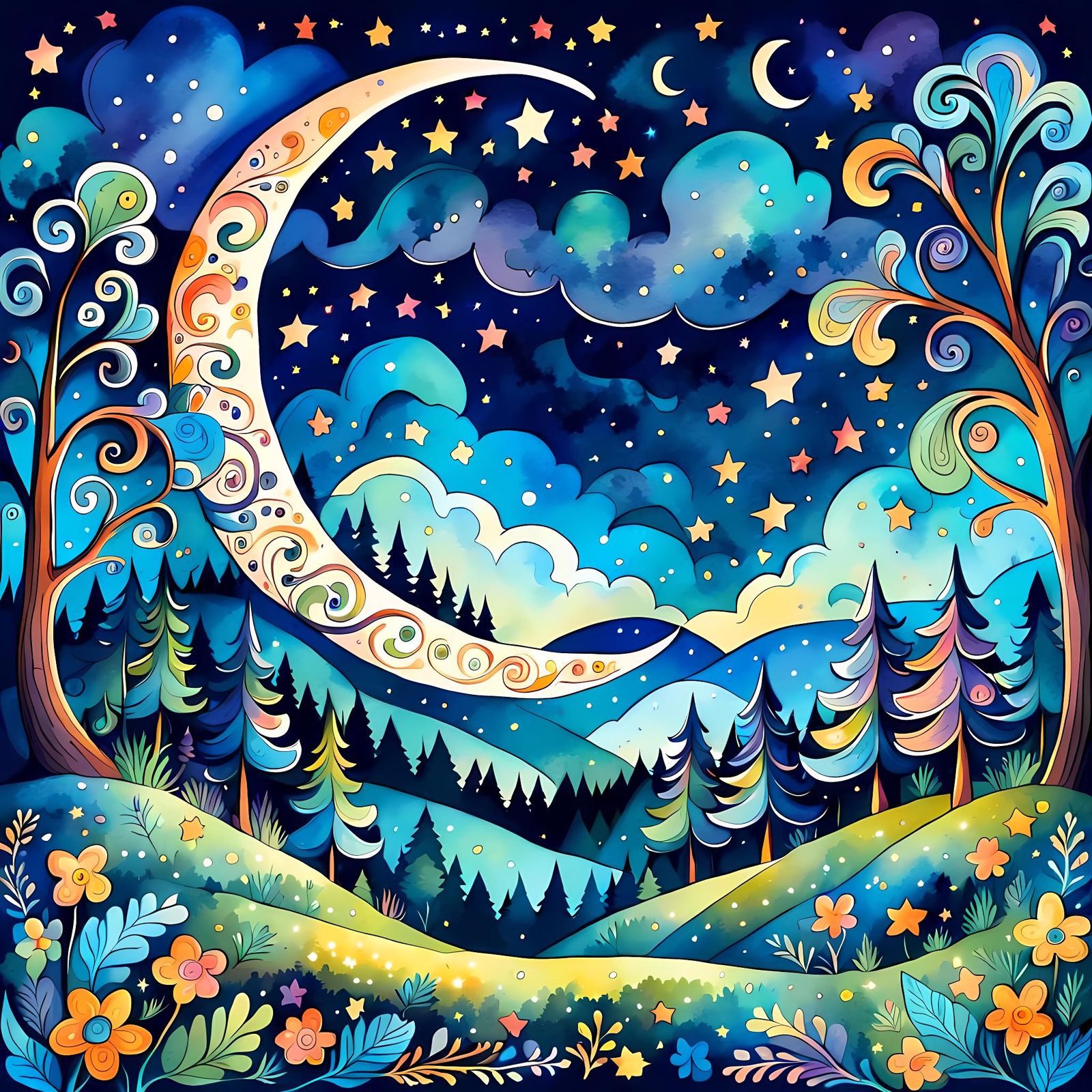 Dreamy Crescent Moon in Psychedelic Vector Art