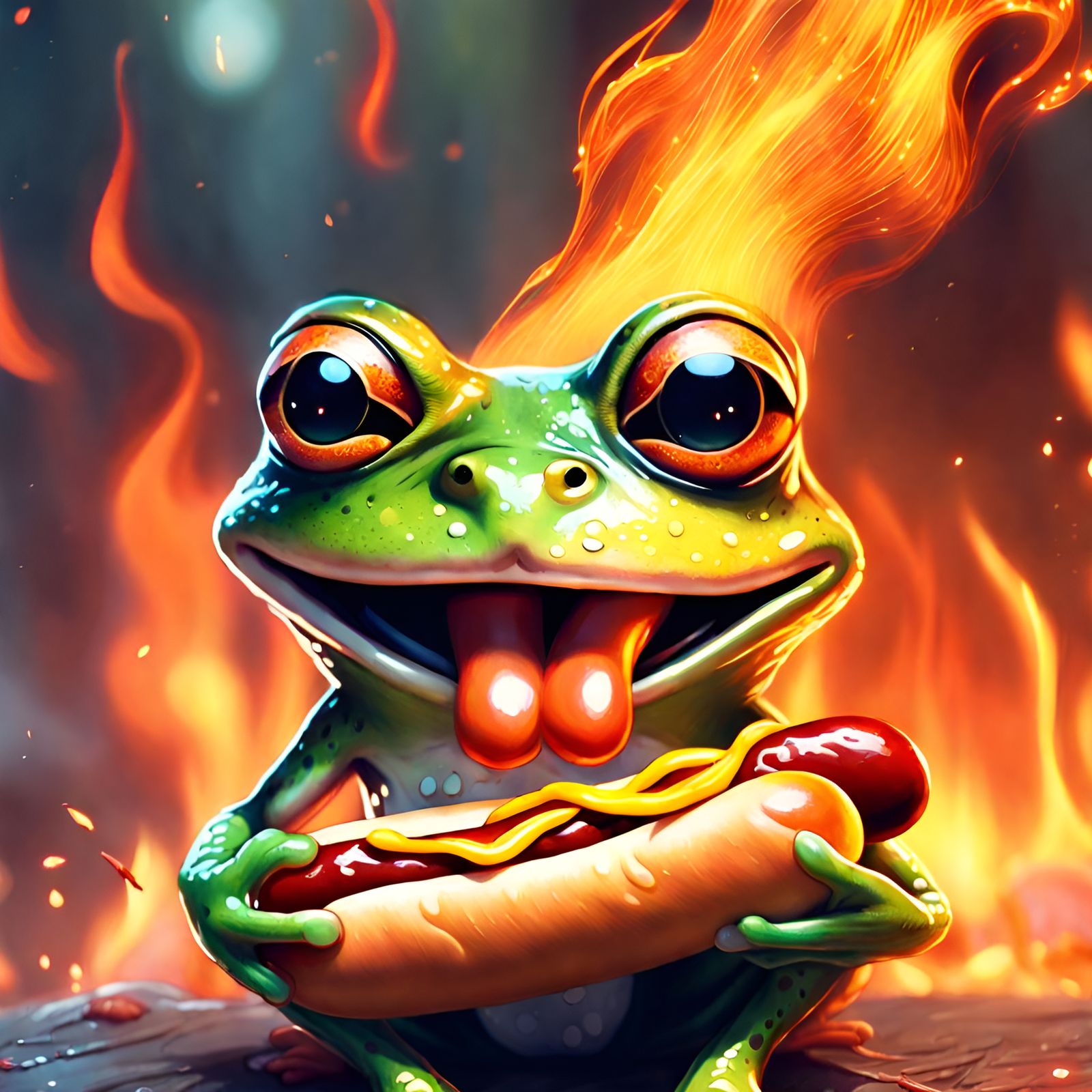 Adorable Frog with Hot Dog in Flames, Detailed Digital Art