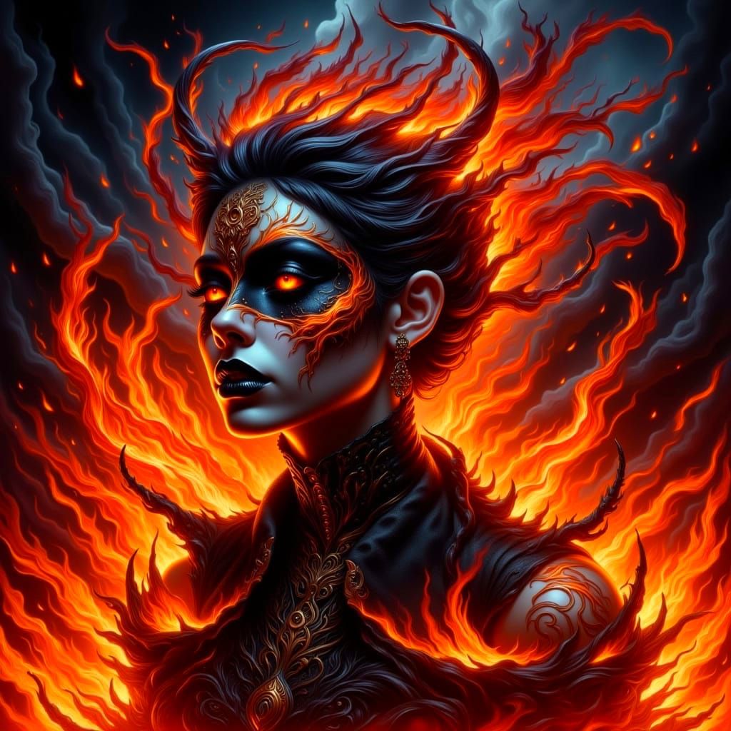 Dark Goth Demon Erupts from Flaming Inferno