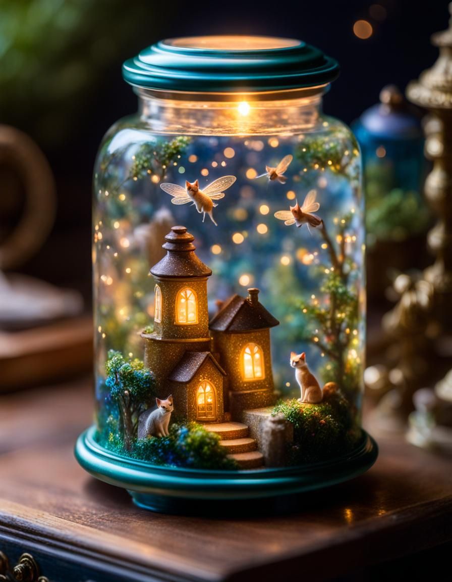 Fairy Cats in Glittery Jar, Ethereal Fantasy Scene