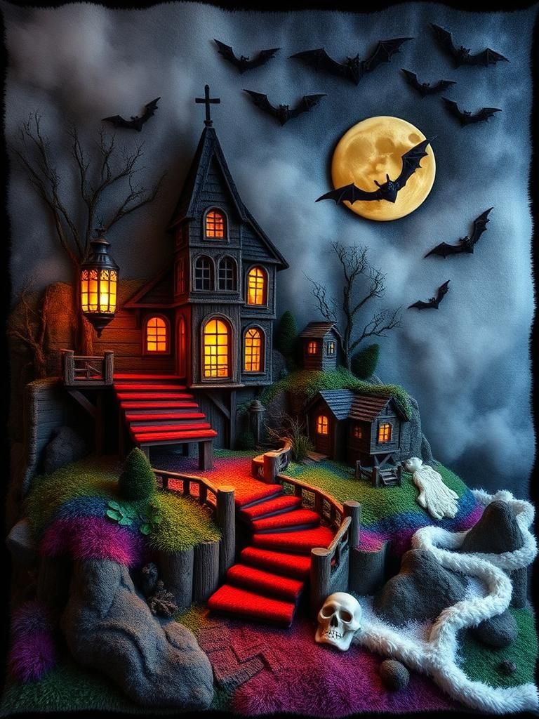 Spooky Haunted Coastal Village with Rainbow Throw