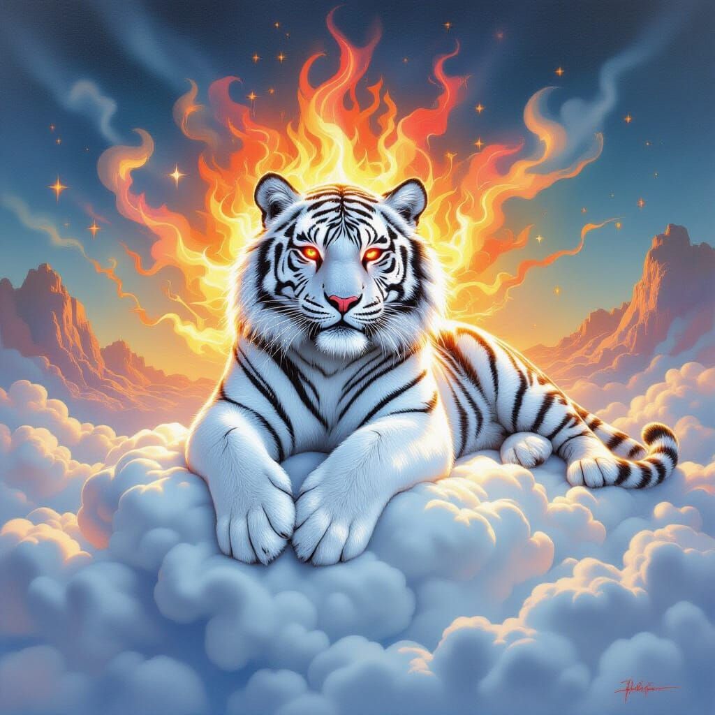 Majestic Tiger on Cloud with Fiery Elements