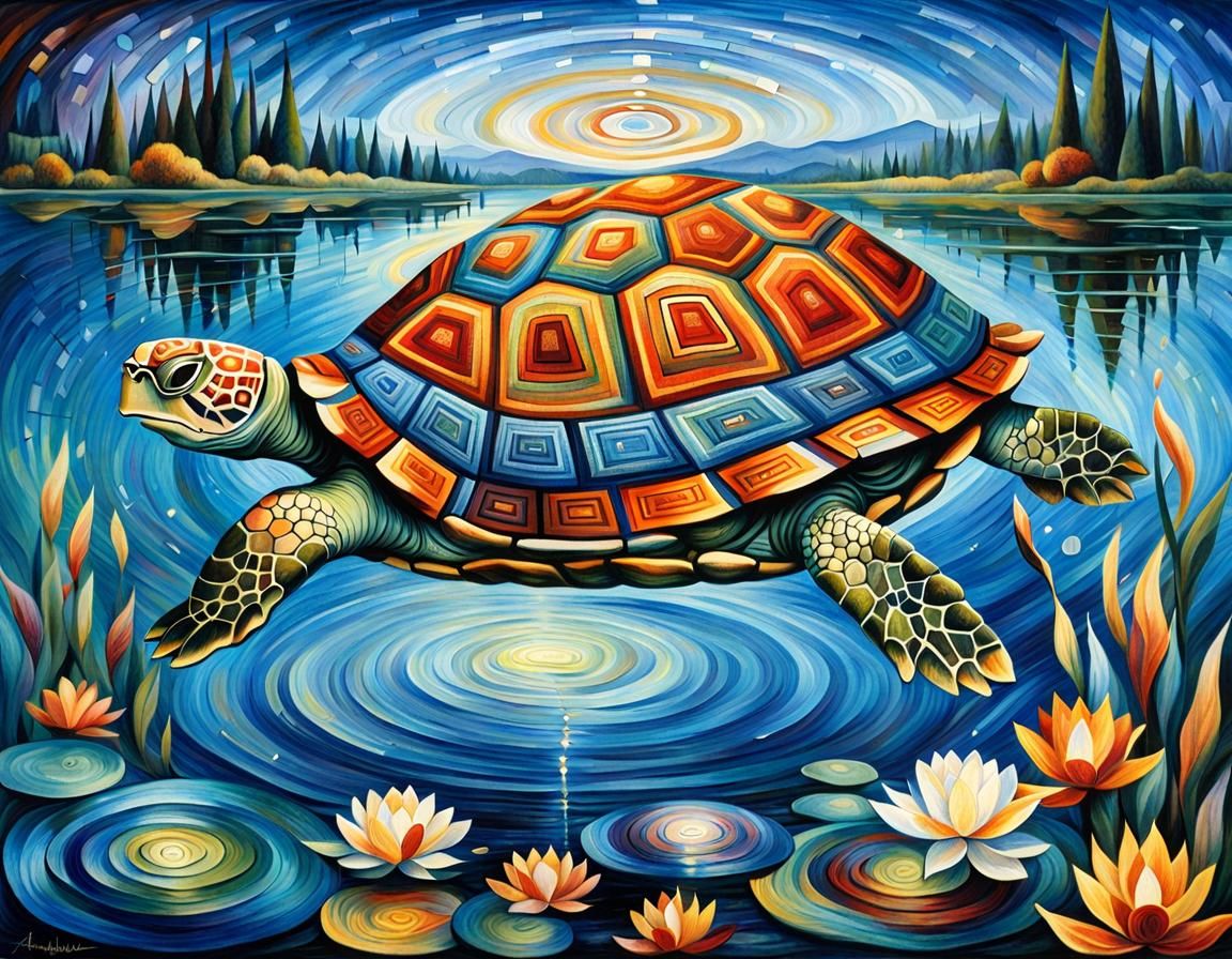 Turtle in Pond: Abstract Expressionist Digital Art