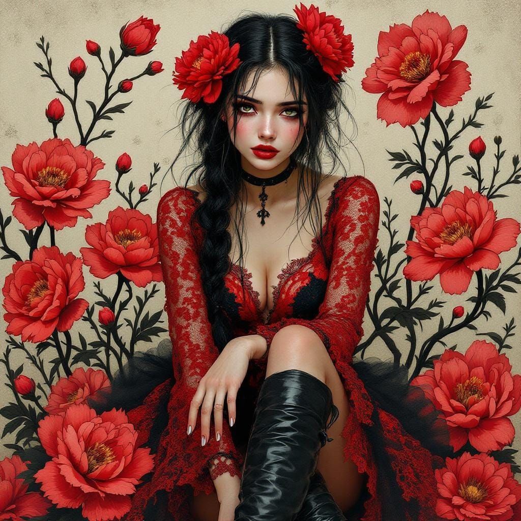 Elegant Woman with Peonies in Art Nouveau Style