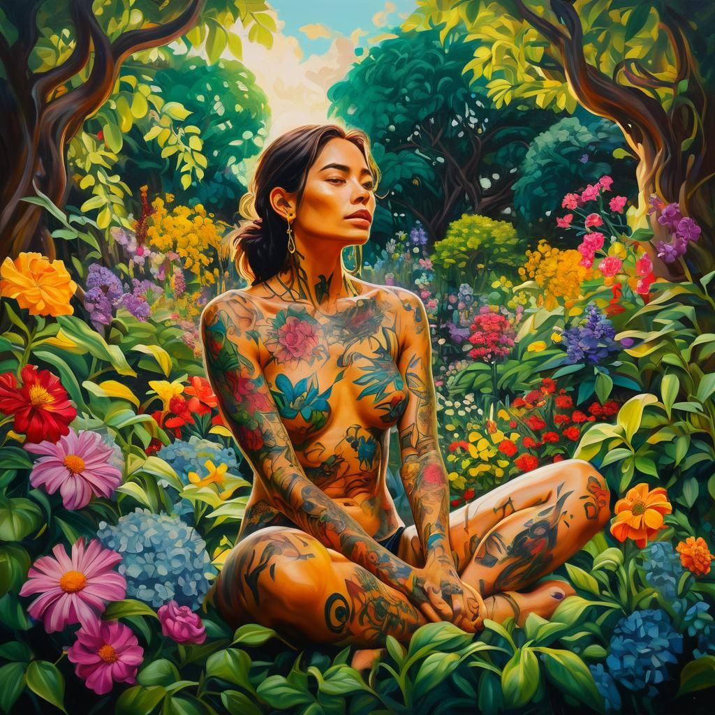 Tattooed Women in Lush Garden: Oil Painting