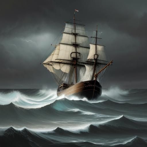 Old Ship on Stormy Sea: A Romantic Oil Painting