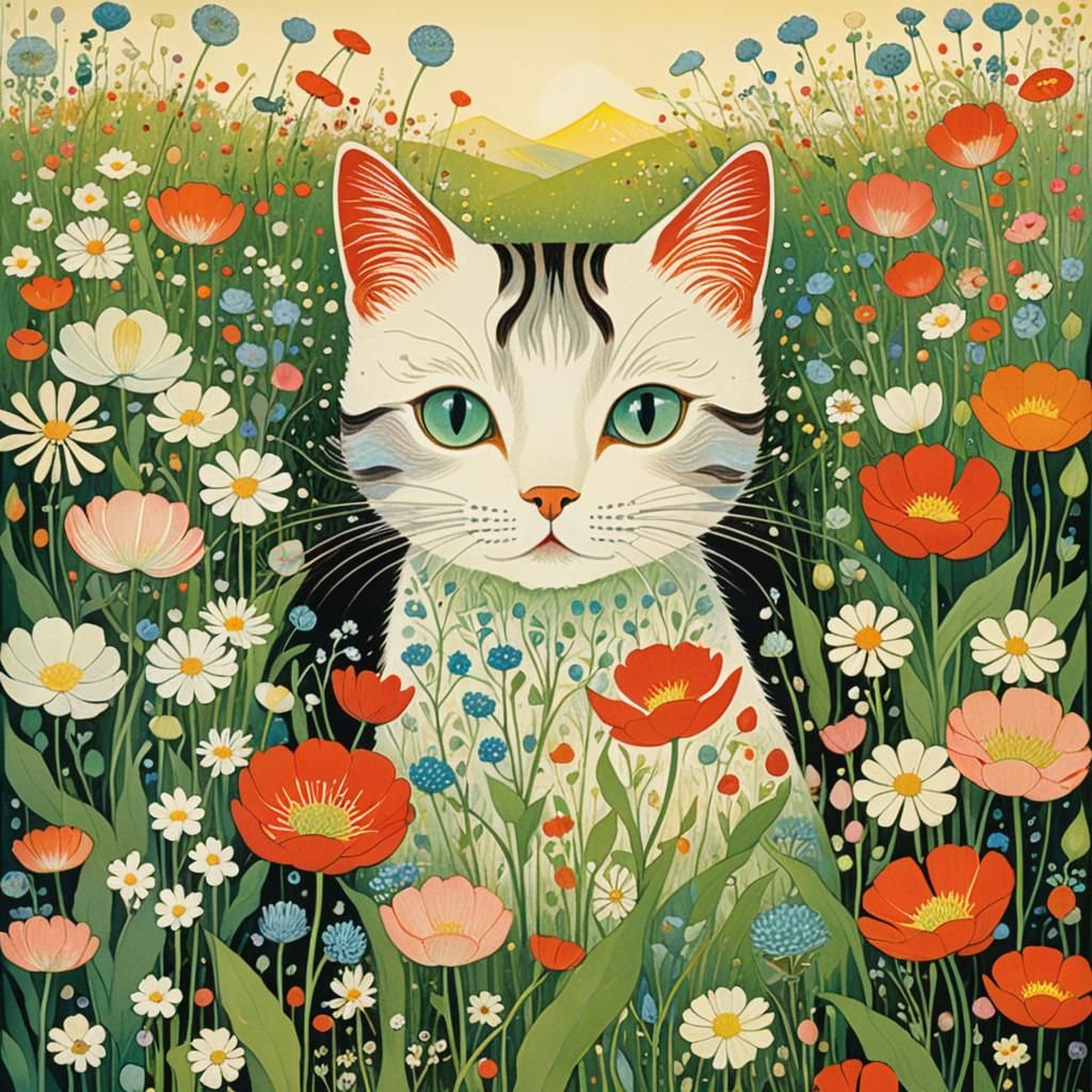 Cat in Flower Meadow Illustration