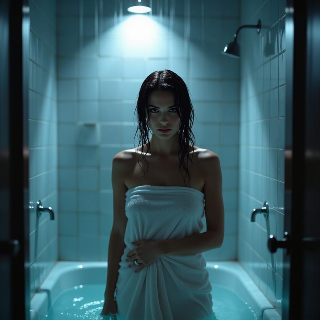 Woman in Shower, Eerie Tension in Film Noir Bathroom
