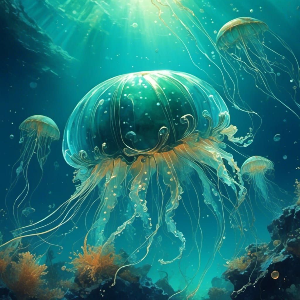 Glass-Like Jellyfish in Deep Azure Ocean
