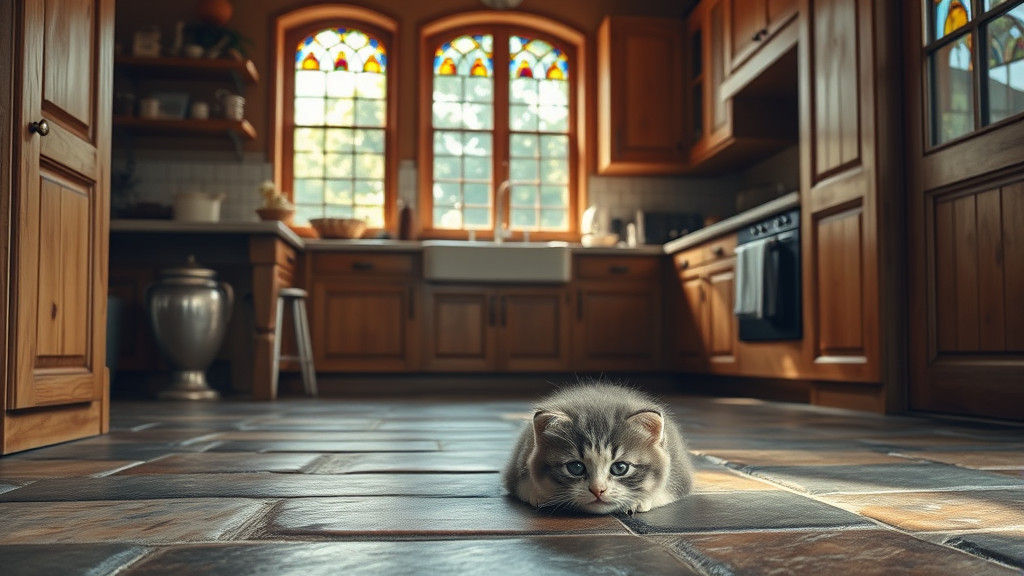 Rustic Wood Kitchen with Kitten, Photorealistic Style