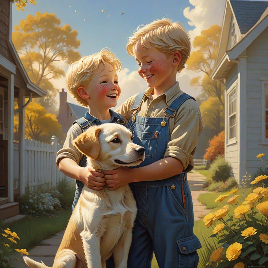 Boy and Puppy in Golden Light, Classic Americana Style